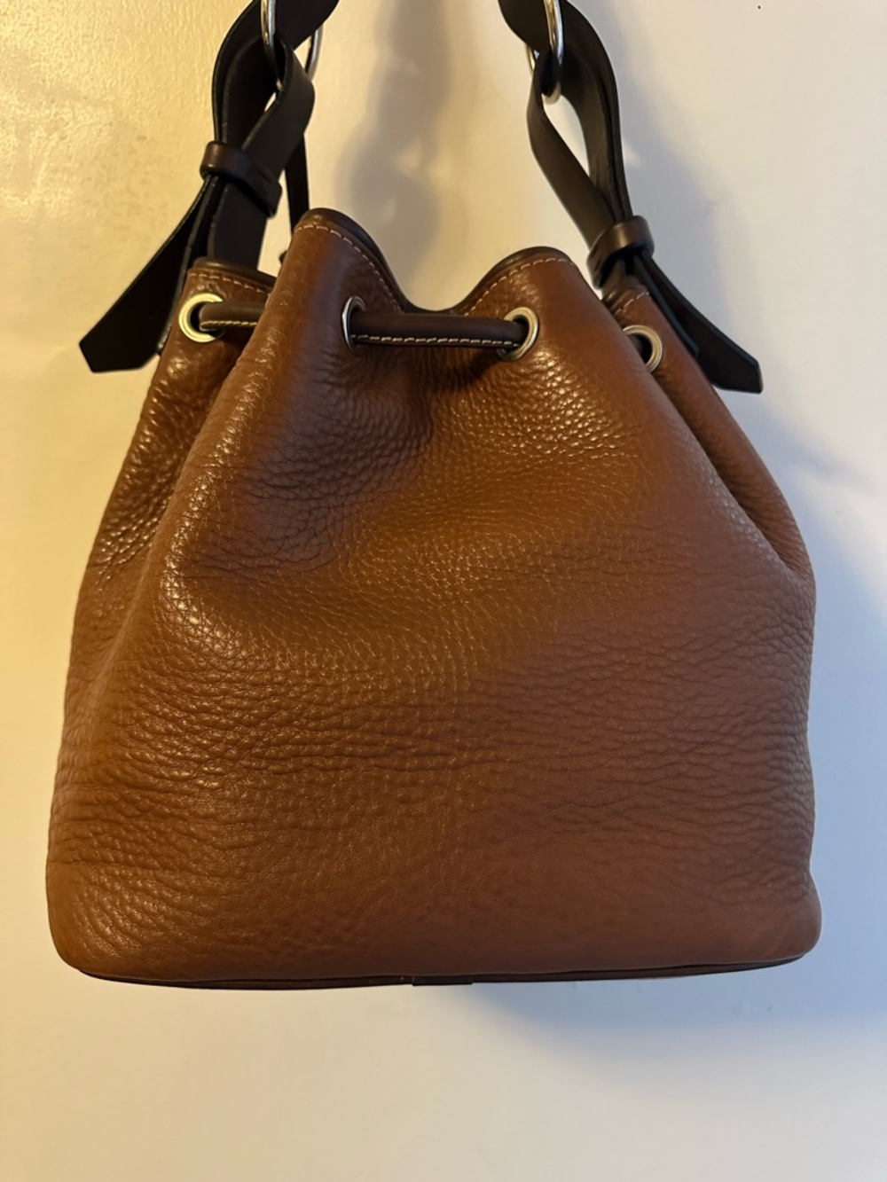 Dooney & Bourke Brown Leather Drawstring Shoulder Bag with Dark Brown Trim - Picture 4 of 16
